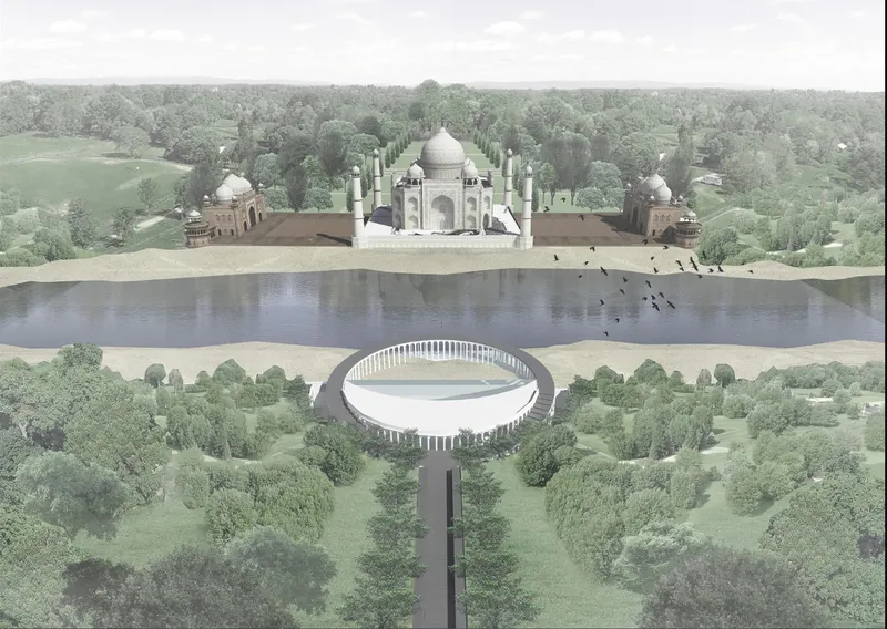 Aerial rendering showing a circular colonnade structure connected by a long pathway to a domed monument across a reflecting pool