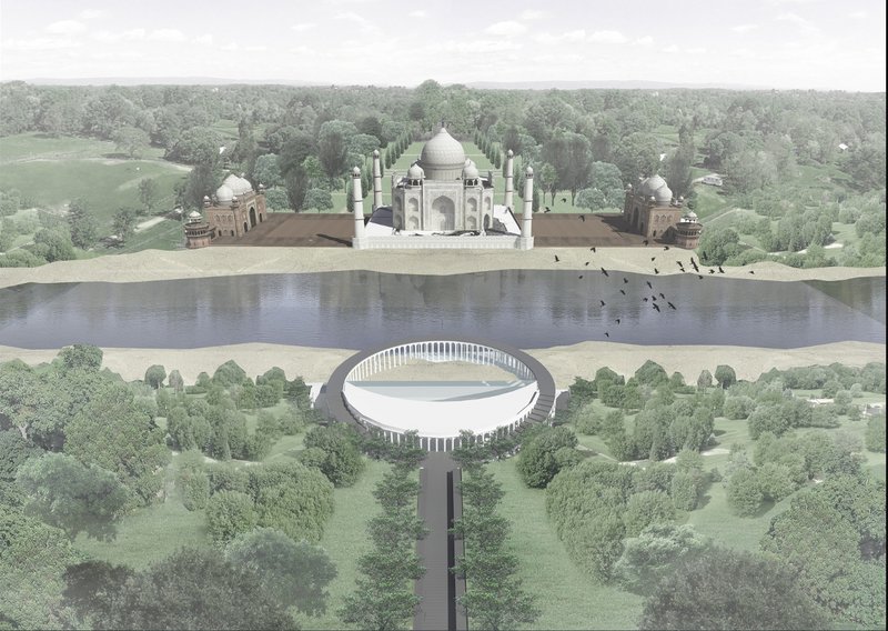 Aerial rendering showing a circular colonnade structure connected by a long pathway to a domed monument across a reflecting pool