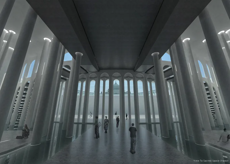 Interior rendering of a circular gallery with white columns and arched openings framing views to distant water