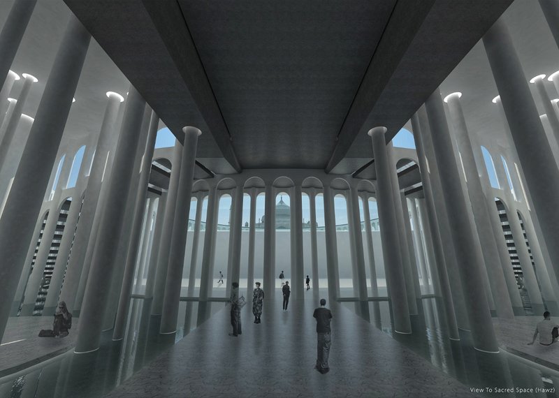 Interior rendering of a circular gallery with white columns and arched openings framing views to distant water
