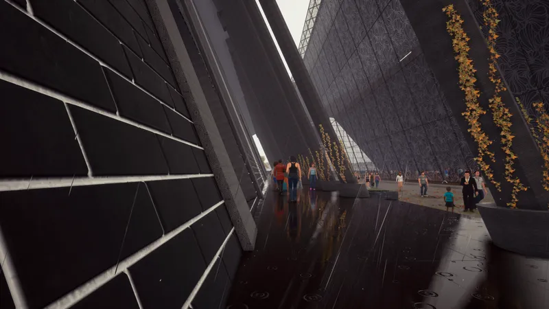 Interior view of the dark paneled corridor with visitors walking beneath angled clerestory windows