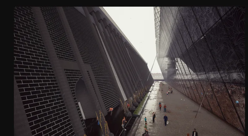 Walkway between two angled perforated metal facades with visitors on an overcast day