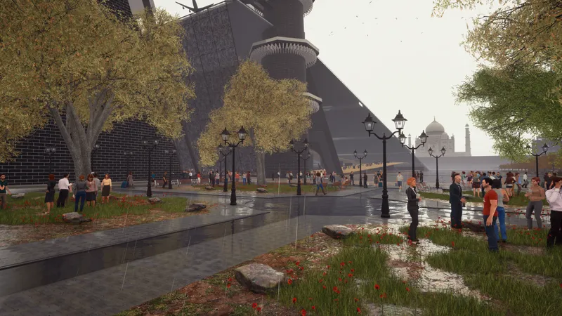 Public plaza with planted beds and autumn trees at the base of a dark perforated tower