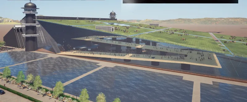 Aerial view of the stepped green roof cascading down from the tiered tower volume