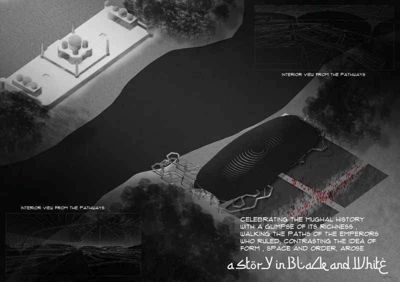 Aerial axonometric drawing showing physical model sections and diagrammatic pathways connecting volumes across landscape
