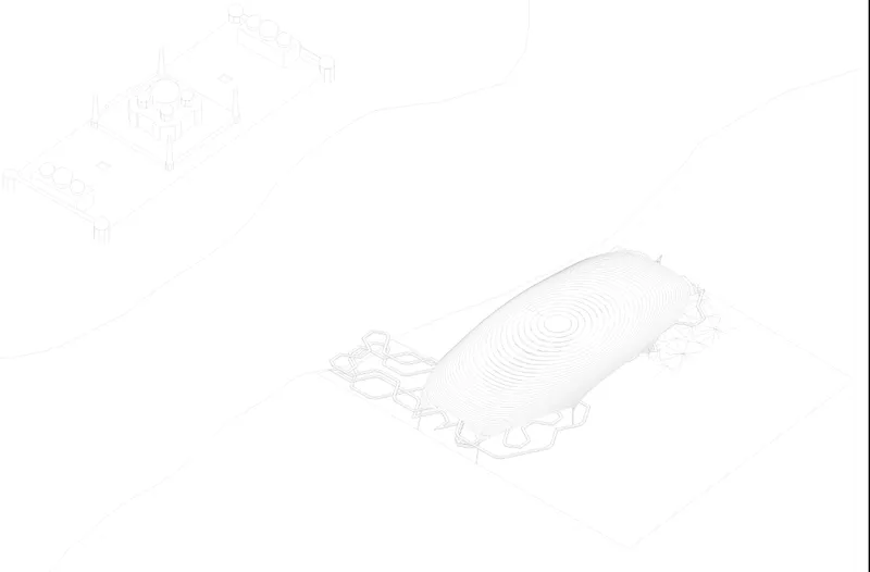 Isometric line drawing of an arched pavilion structure with terraced topography and concentric roof contours