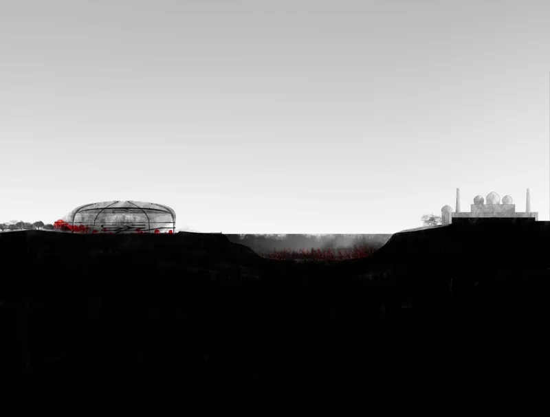 Section drawing showing an arched pavilion structure set into the terrain opposite a domed complex