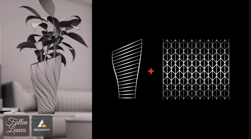 Diagram illustrating the combination of diagonal striping and geometric tessellation pattern for a twisted vase form