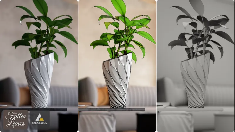 Three color variations of the helical ribbed planter with houseplant in soft interior daylight