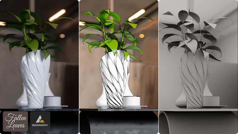 Triptych showing white, line-art, and monochrome versions of the spiral planter under warm task lighting