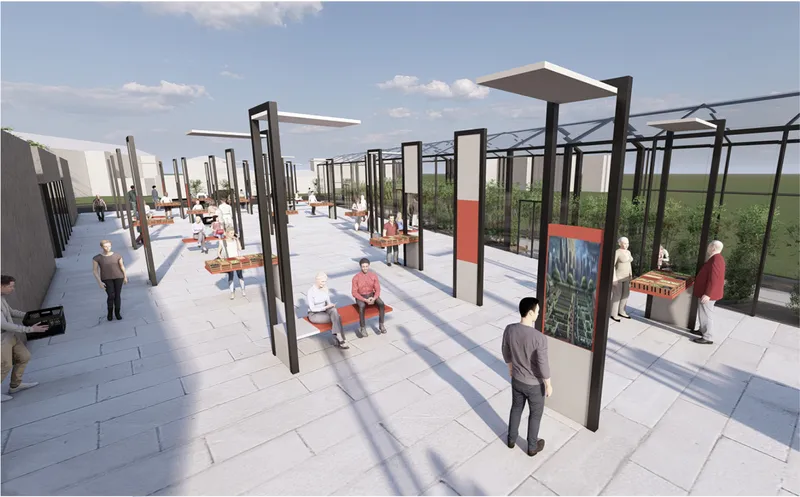 Rendered view of an outdoor plaza with steel frame pergolas, planted beds, and visitors under afternoon sun