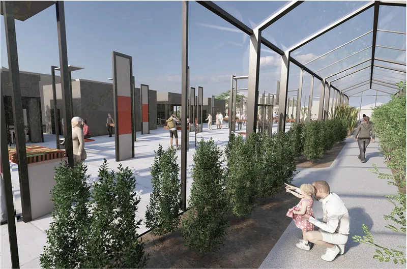 Covered walkway with tubular steel frame and planted garden beds alongside visitors and children in daylight