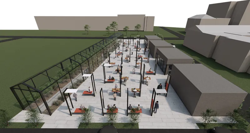 Aerial rendering showing the paved plaza enclosed by steel and glass frames with planted beds and scattered seating