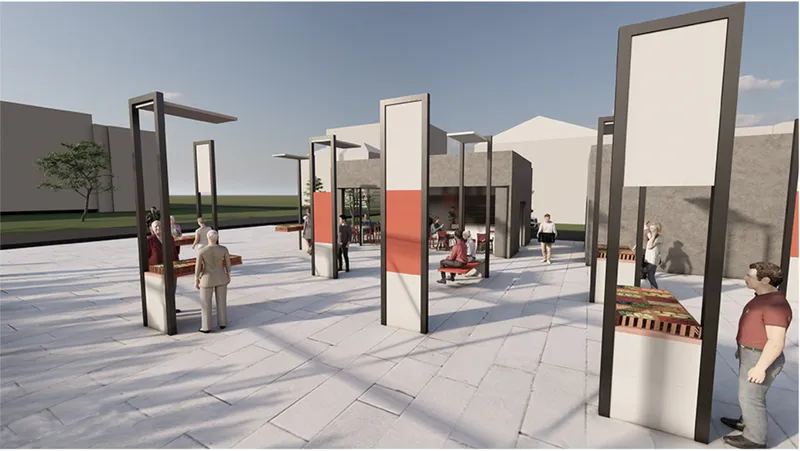 Plaza rendering with freestanding picture frames in steel supporting canopies over seating areas and walking visitors
