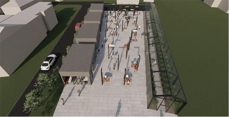 Top-down rendering of the plaza showing adjacent buildings, street trees, and the steel pergola structures with visitors