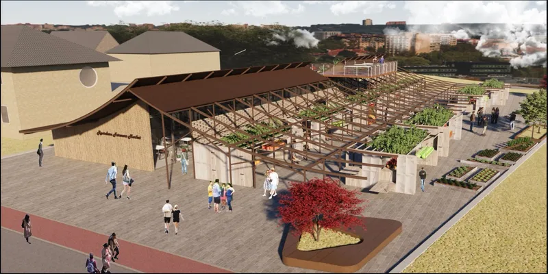 Aerial rendering of a community market with timber pergolas, planted beds and pedestrians under cloudy skies