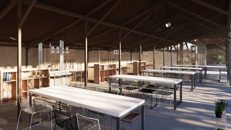 Interior of communal workshop with long tables, exposed steel trusses and woven reed partitions