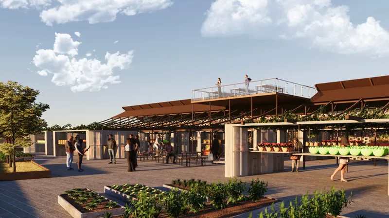 Open-air market pavilion with rooftop terrace, planted beds and visitors gathering at midday
