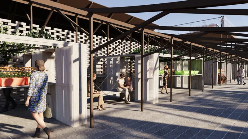 Open timber pergola with steel columns shading a paved plaza where visitors walk beneath patterned brickwork