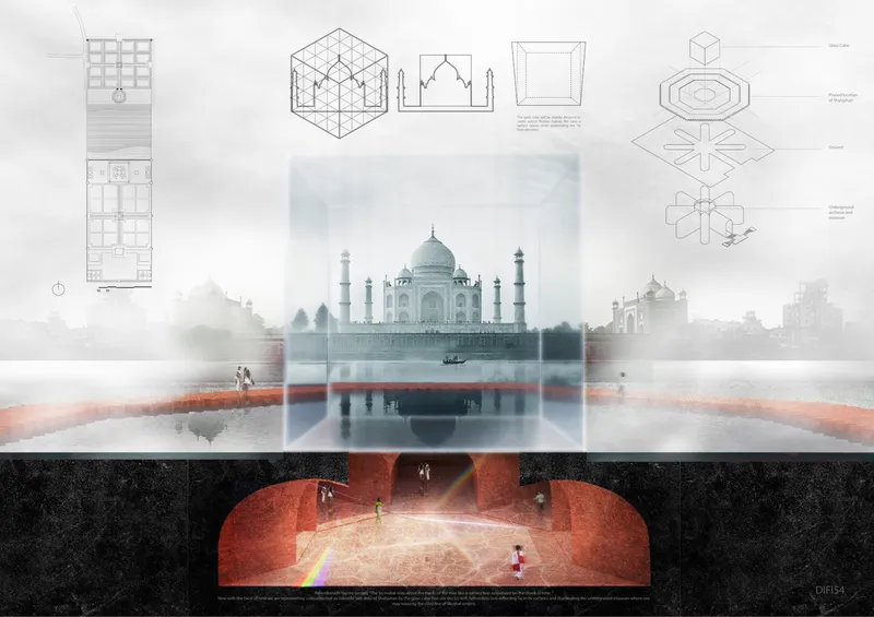 Composite rendering with domed monument reflected in water, geometric diagrams above, and underground chamber section below