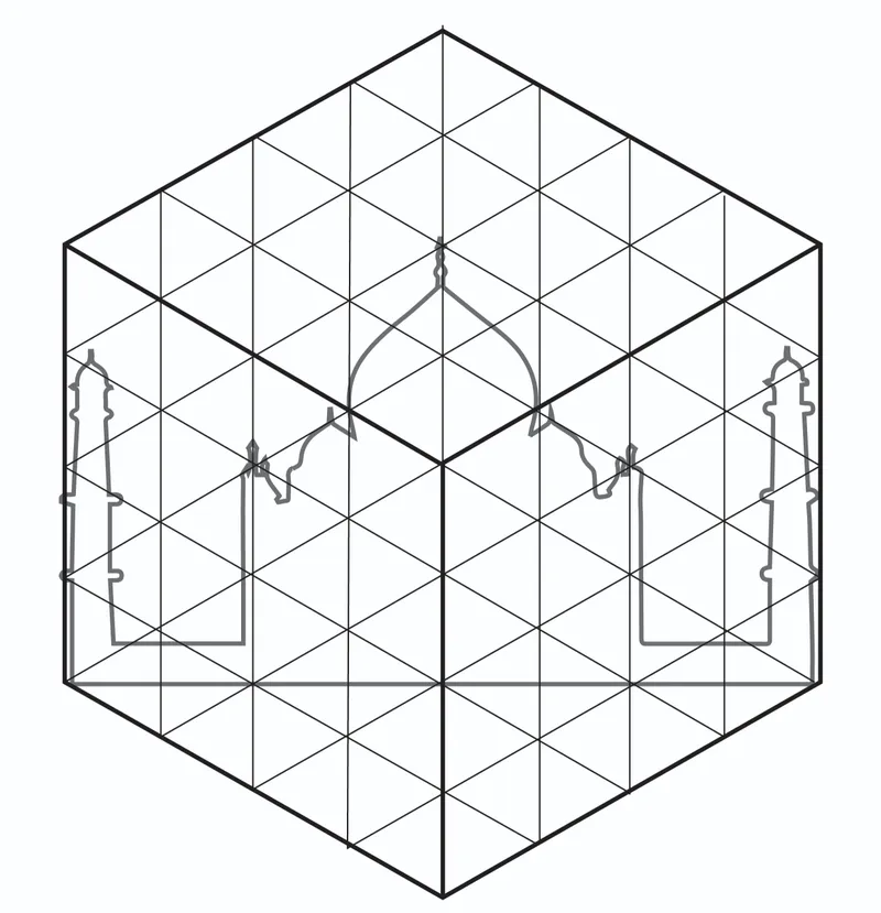 Axonometric drawing of a hexagonal structure with triangulated frame and two symmetrical openings on opposite sides