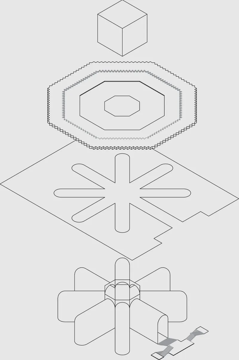 Exploded axonometric drawing showing layered geometric components from cube to octagonal form to cross-shaped base