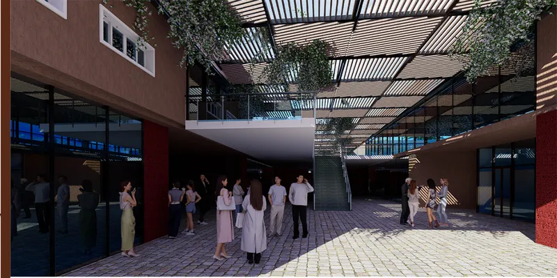 Interior courtyard with paved floor and people gathering beneath timber slatted pergola canopies overhead