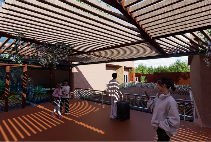 Upper terrace walkway under timber slat pergola casting striped shadows on the deck surface below