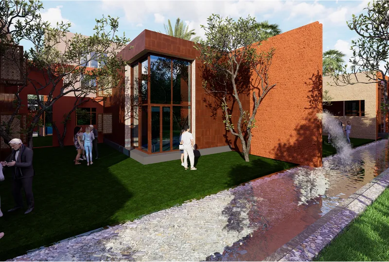 Garden courtyard with orange perforated brick wall, glass pavilion, lawn and shallow water feature