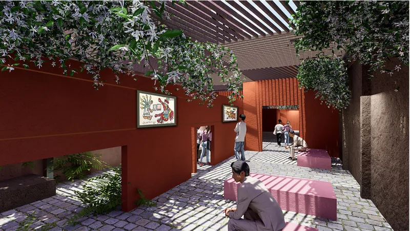 Narrow passage with red walls, timber pergola overhead and paved floor dappled in afternoon light