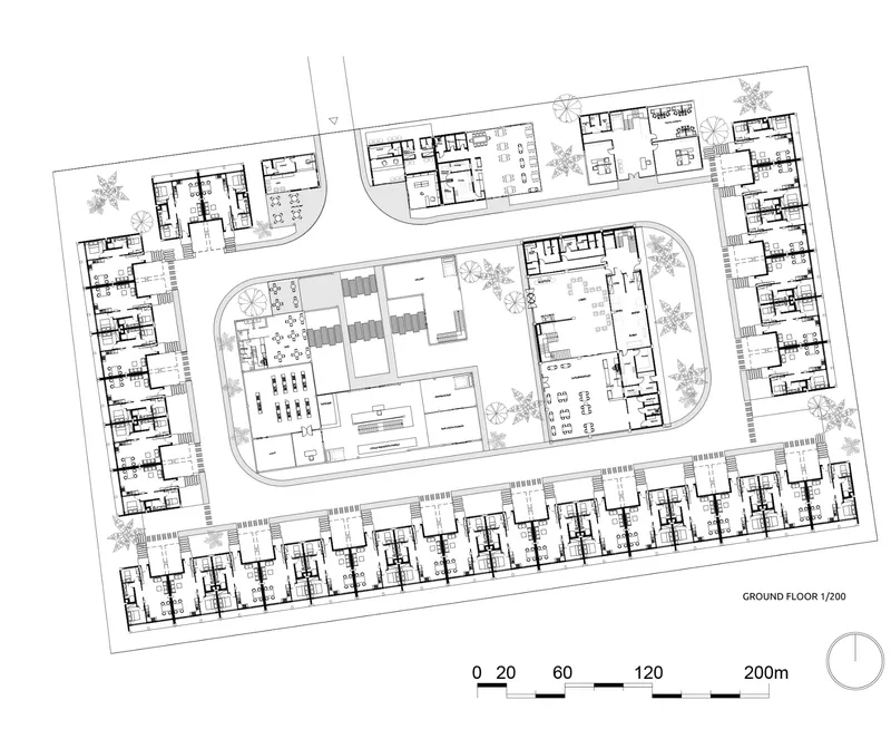Ground floor plan drawing showing residential buildings arranged around a central pool and community spaces