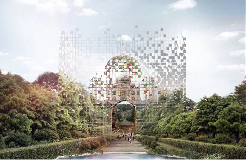 Pixelated colored glass dome and archway structure framing a tree-lined pathway with visitors