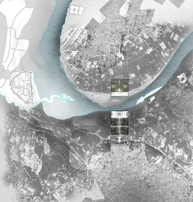 Aerial site plan drawing showing an island surrounded by water with urban fabric and proposed intervention