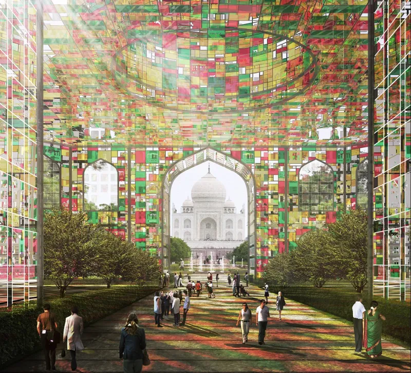 Interior view through multicolored glass panel pavilion with vaulted ceiling framing a domed monument beyond