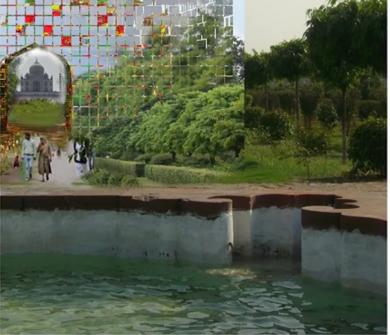 Reflecting pool with pixelated glass archway visible through trees along the water's edge