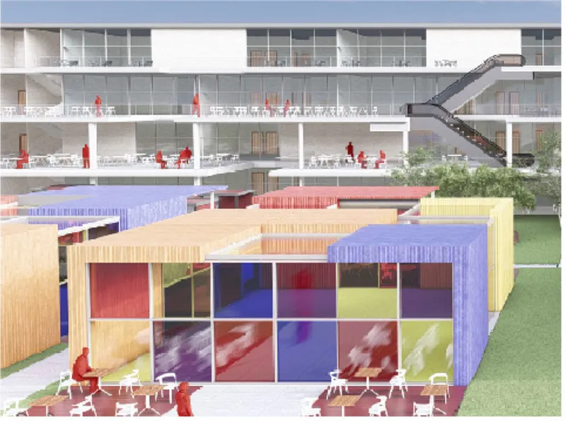 Sectional view through the complex showing colored pavilions beneath multilevel terraces with figures and trees