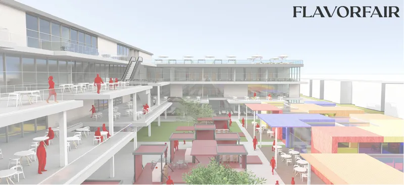 Sectional perspective showing multilevel terraces with seating and colorful pavilions in the central courtyard