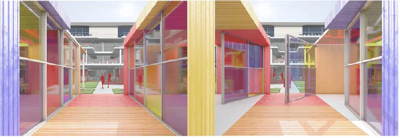 Interior corridor view with timber decking flanked by translucent colored panels and glass openings