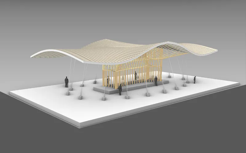 Physical model showing undulating bamboo roof canopy supported by central columns with cable anchors