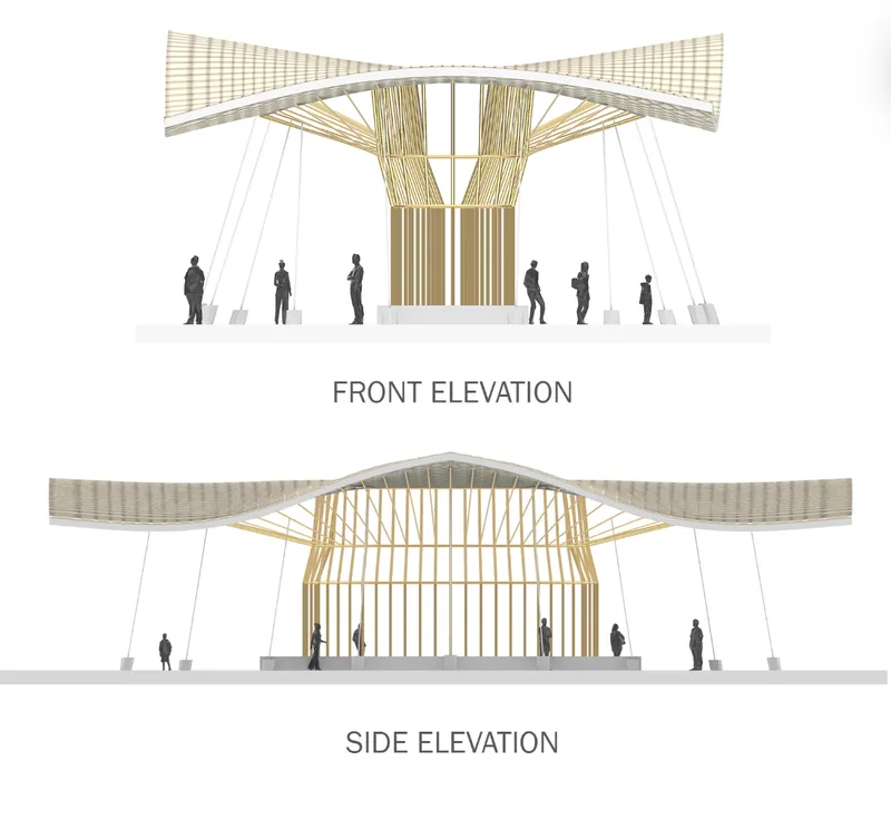 Front and side elevation drawings showing bamboo pavilion structure with curved roof and vertical column bundles