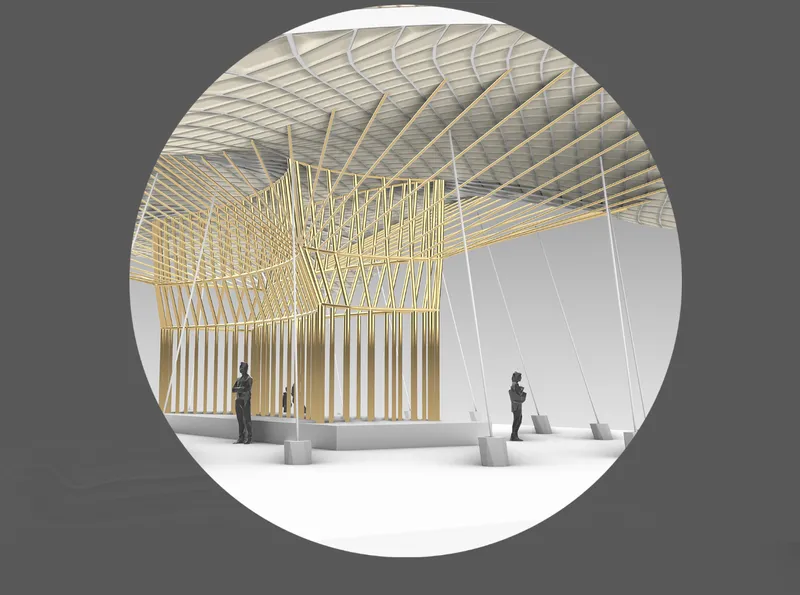 Interior rendering of bamboo pavilion with bundled central columns and radiating roof structure with figures below