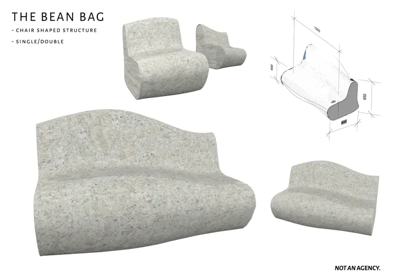 Product rendering showing concrete seating modules with organic forms alongside a dimensioned technical drawing