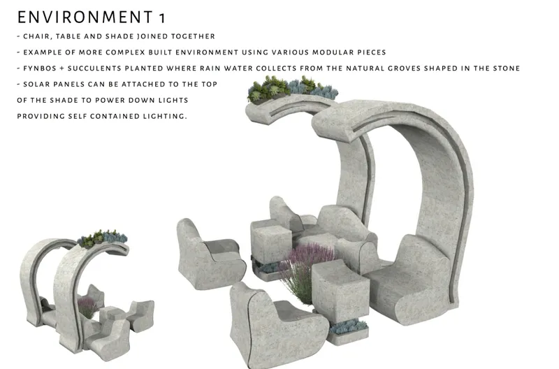 Modular concrete furniture assembly with arched shade canopies and planted seating clusters with succulents