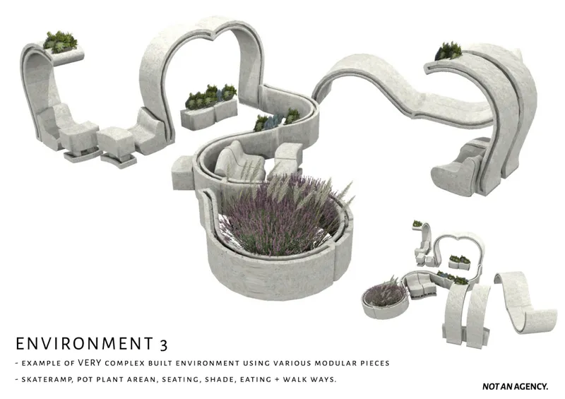 Circular concrete planters with purple flowering plants surrounded by curved canopy structures in various configurations