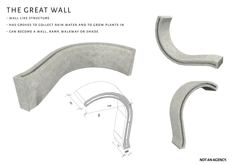 Curved concrete wall segments with integral planting grooves shown in multiple views with section drawing