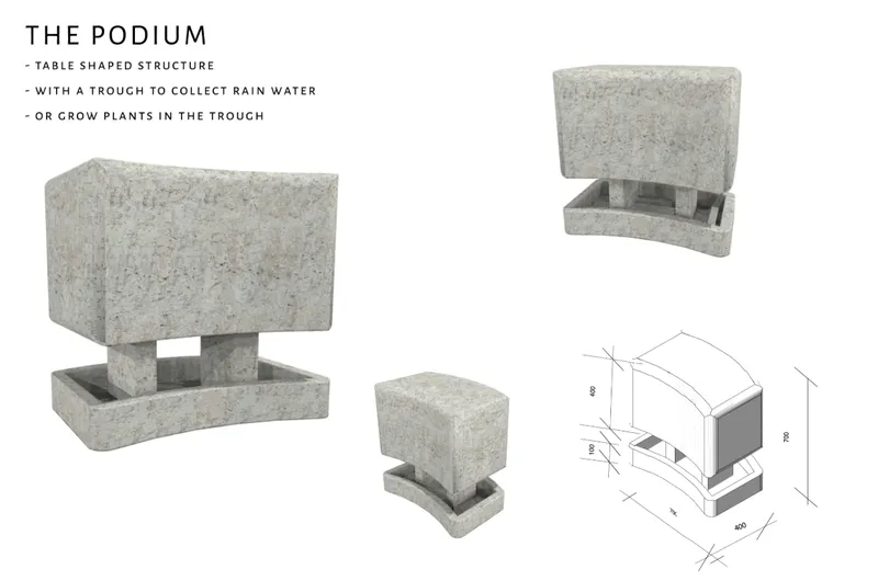 Concrete table element with trough base and raised slab top shown in isometric drawing