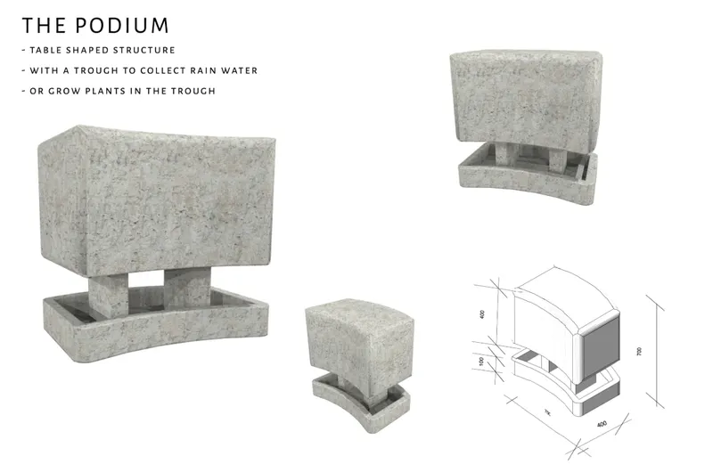 Table-shaped concrete module with rectangular top supported by twin legs over water collection trough