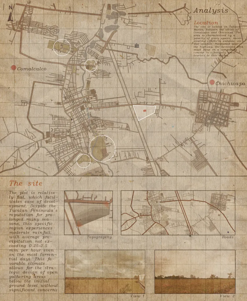 Site analysis map showing two settlements connected by roads with circular markers highlighting key locations
