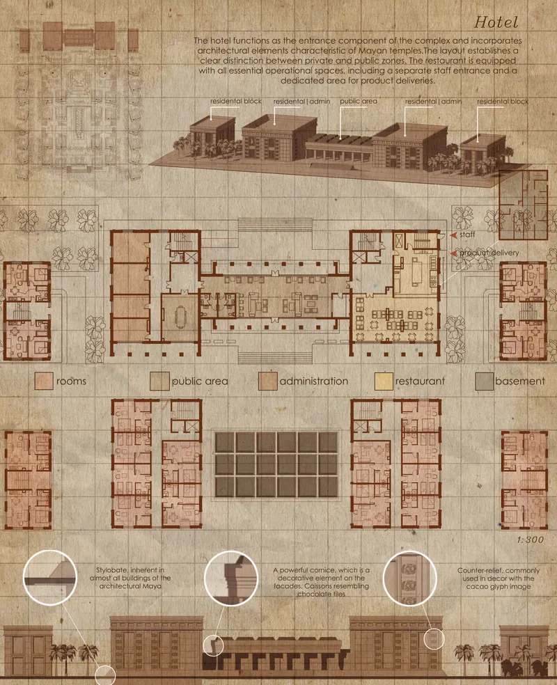 Floor plan and elevation drawing of a hotel complex with residential blocks flanking a central courtyard