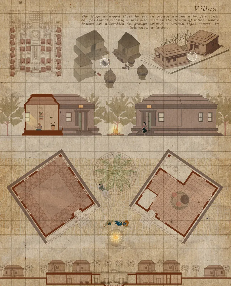 Sectional elevation and plan drawings showing two residential villas arranged around a shared bonfire courtyard